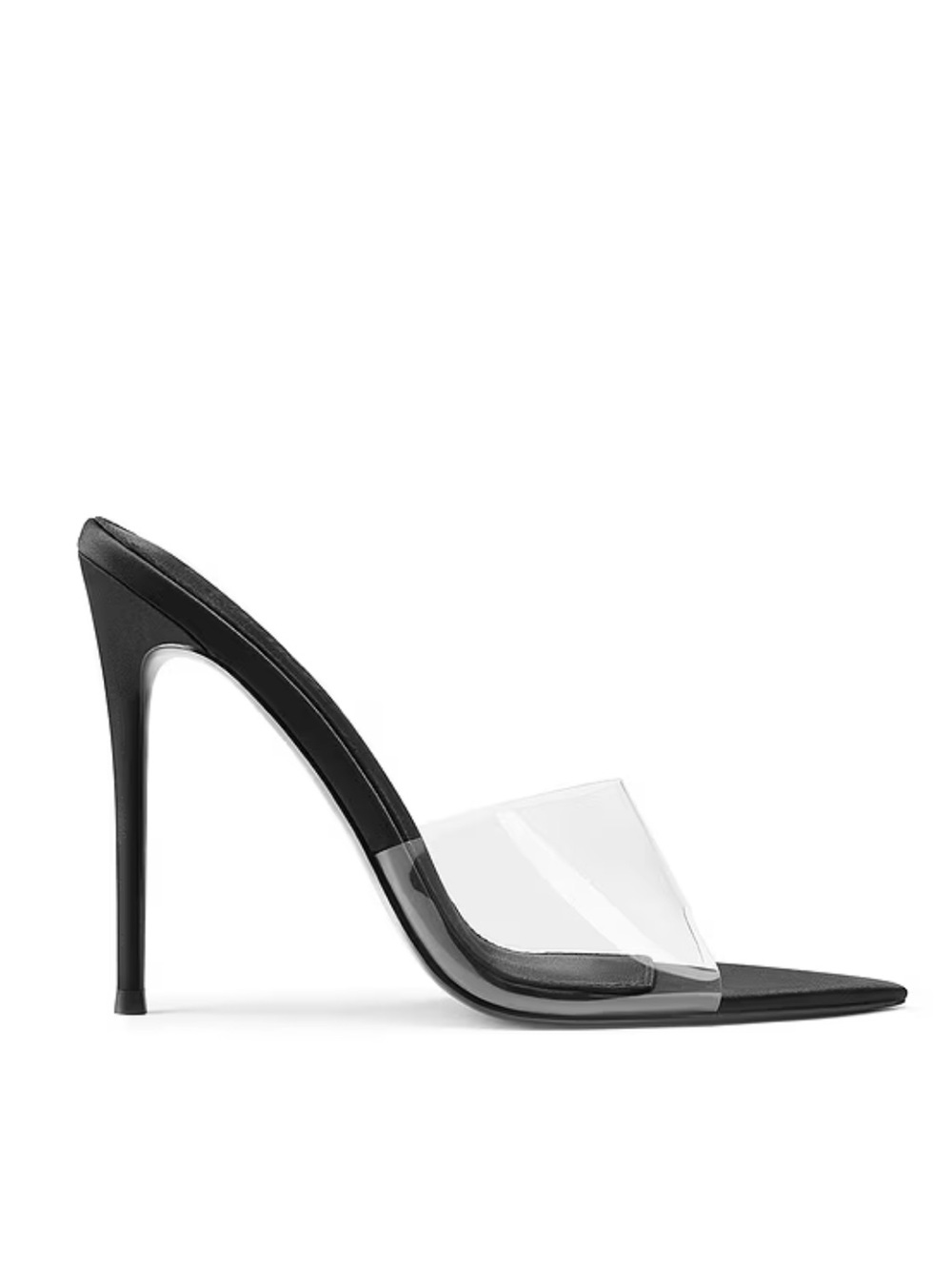 Femme LA Gianni Satin Mules Black Clear Strap Stilettos Heels Revolve New Sz 7